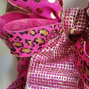 Handmade Wreath Door Hanger Bow, Pink and Gold Leopard Print Ribbon